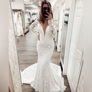 Allure Bridals Wedding Dress All Over Lace Off-Shoulder Sheath Gown Long Sleeve